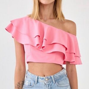 Endless Rose Pink Off-Shoulder Ruffle Crop Top